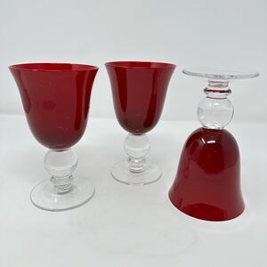 Set of 3 Vintage Ruby Red Goblets - 6.5” Clear Ball Stem Wine Glasses